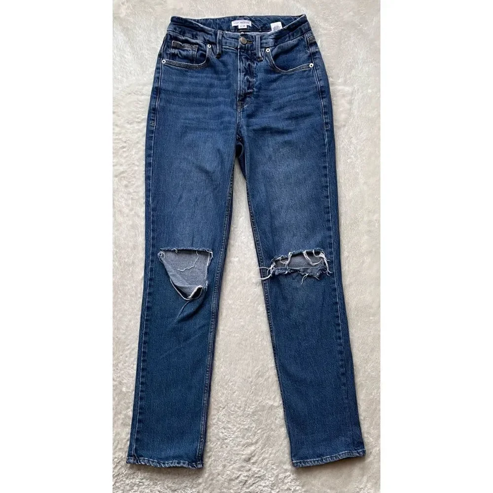 Good American Good 90s Icon Ripped Straight Leg High Rise Stretch Denim Jeans - Picture 12 of 16